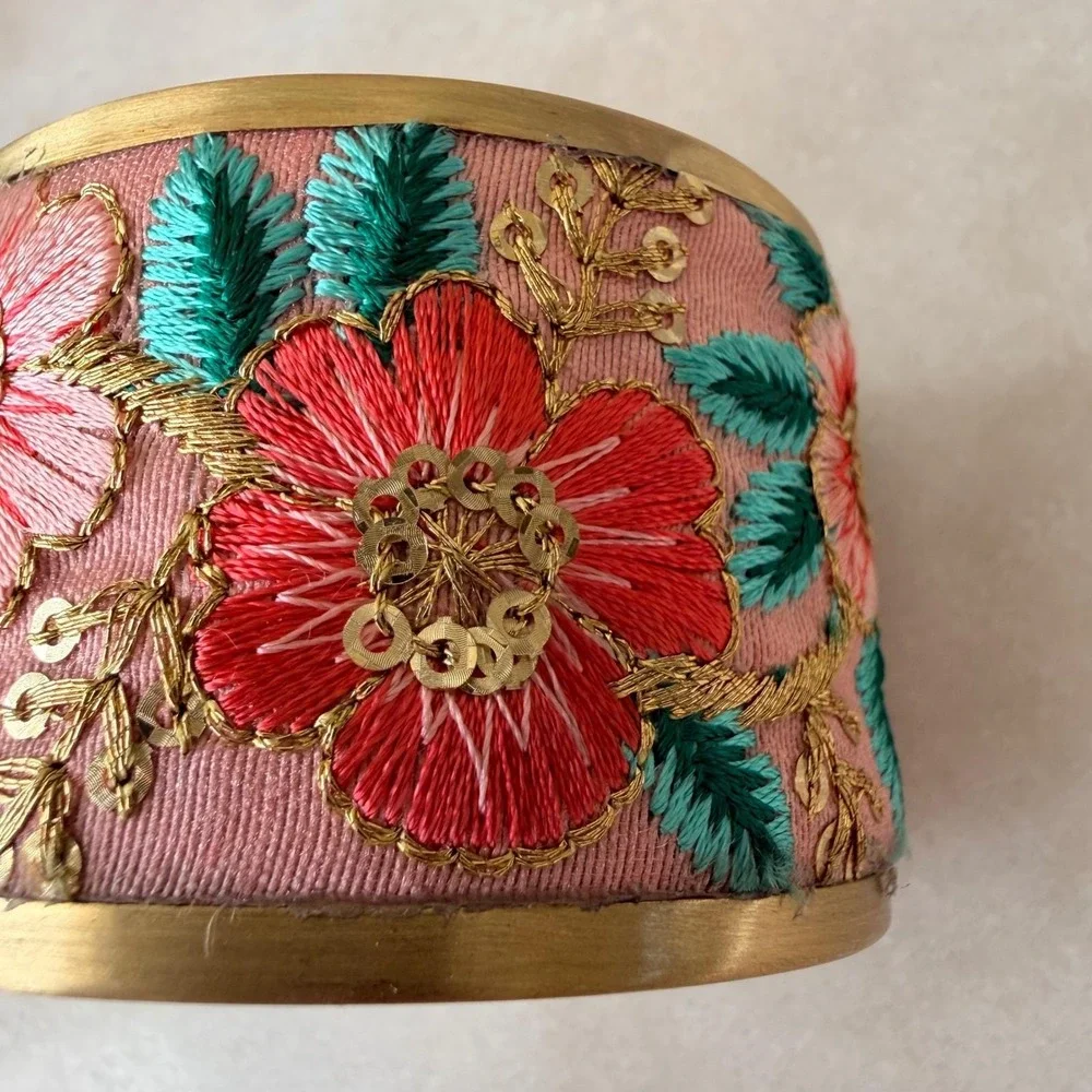 Bohemian Floral Embroidered Wide Cuff Bracelet Gold Tone Pink Sequin Statement
